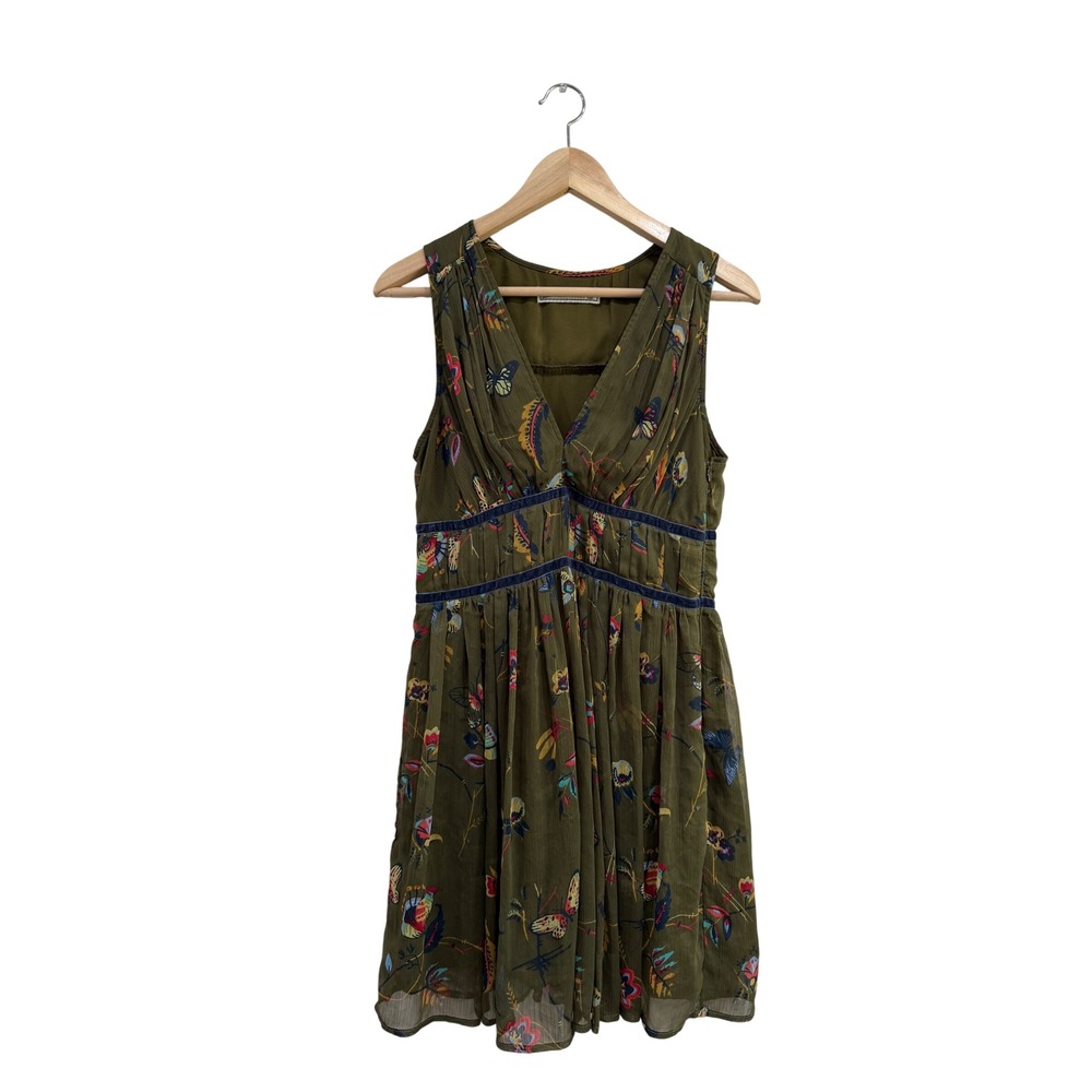 Abercrombie & Fitch Olive Green Butterfly Floral Pleated Mini Dress Womens M